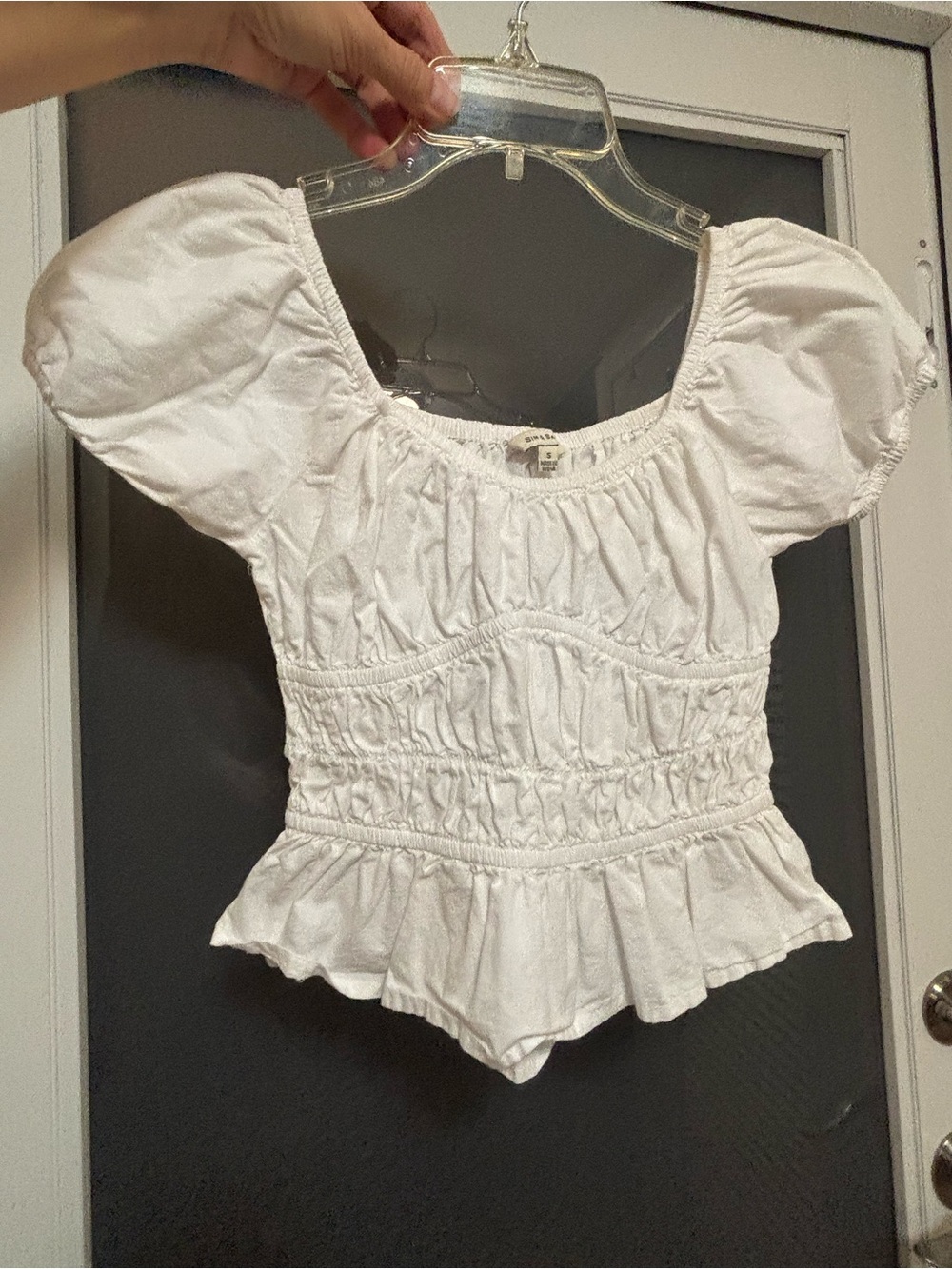 Smocked Peplum Puff-Sleeve Top - White